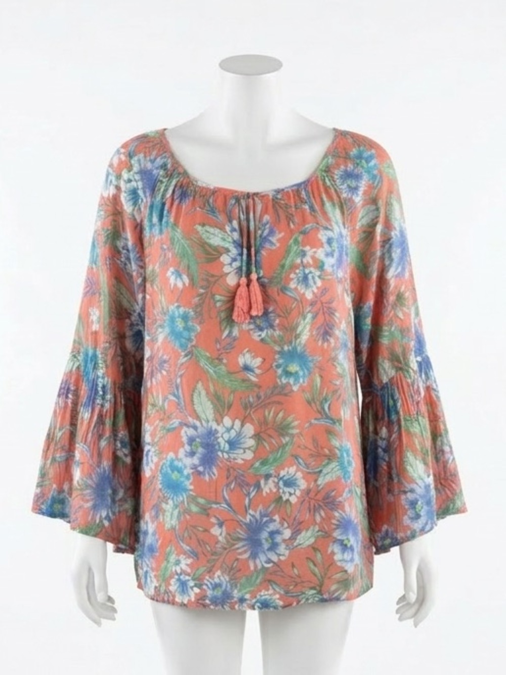 Counterparts Floral Boho Peasant Blouse Bell Sleeve Tassel Tie XL